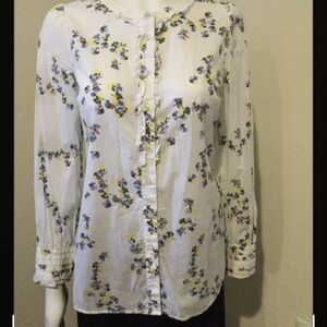 Talbots White Ruffled Blouse with Mandarin Collar Size M